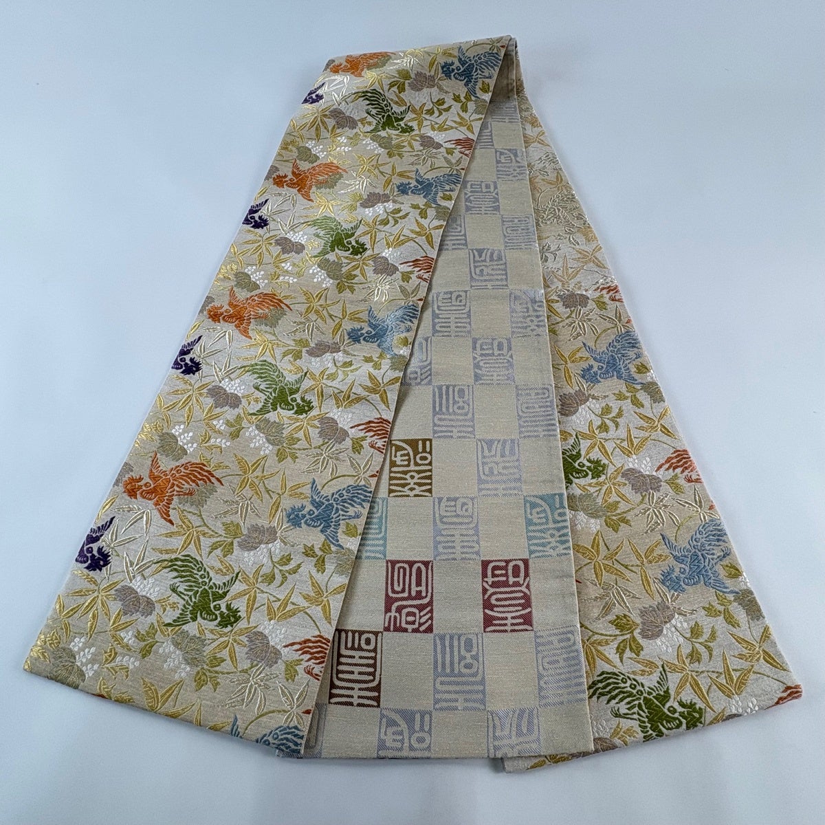 美品】 袋帯 名品 桐竹鳳凰 金糸 ベージュ 六通 正絹｜中古・古着