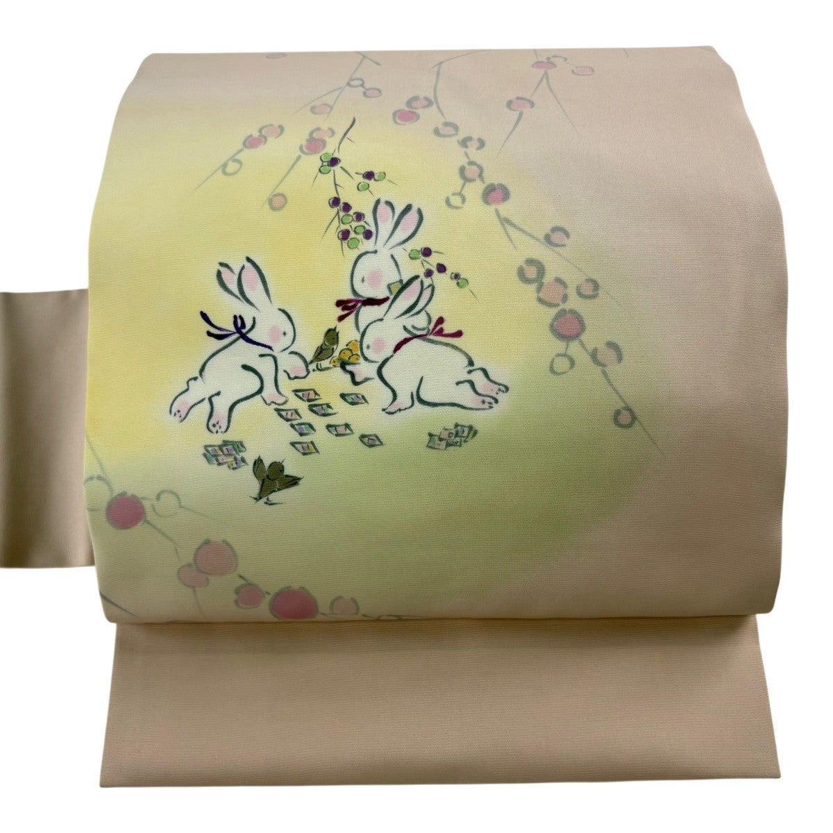 名古屋帯 逸品 落款あり うさぎ 鳥 ぼかし ピンクベージュ 正絹｜中古