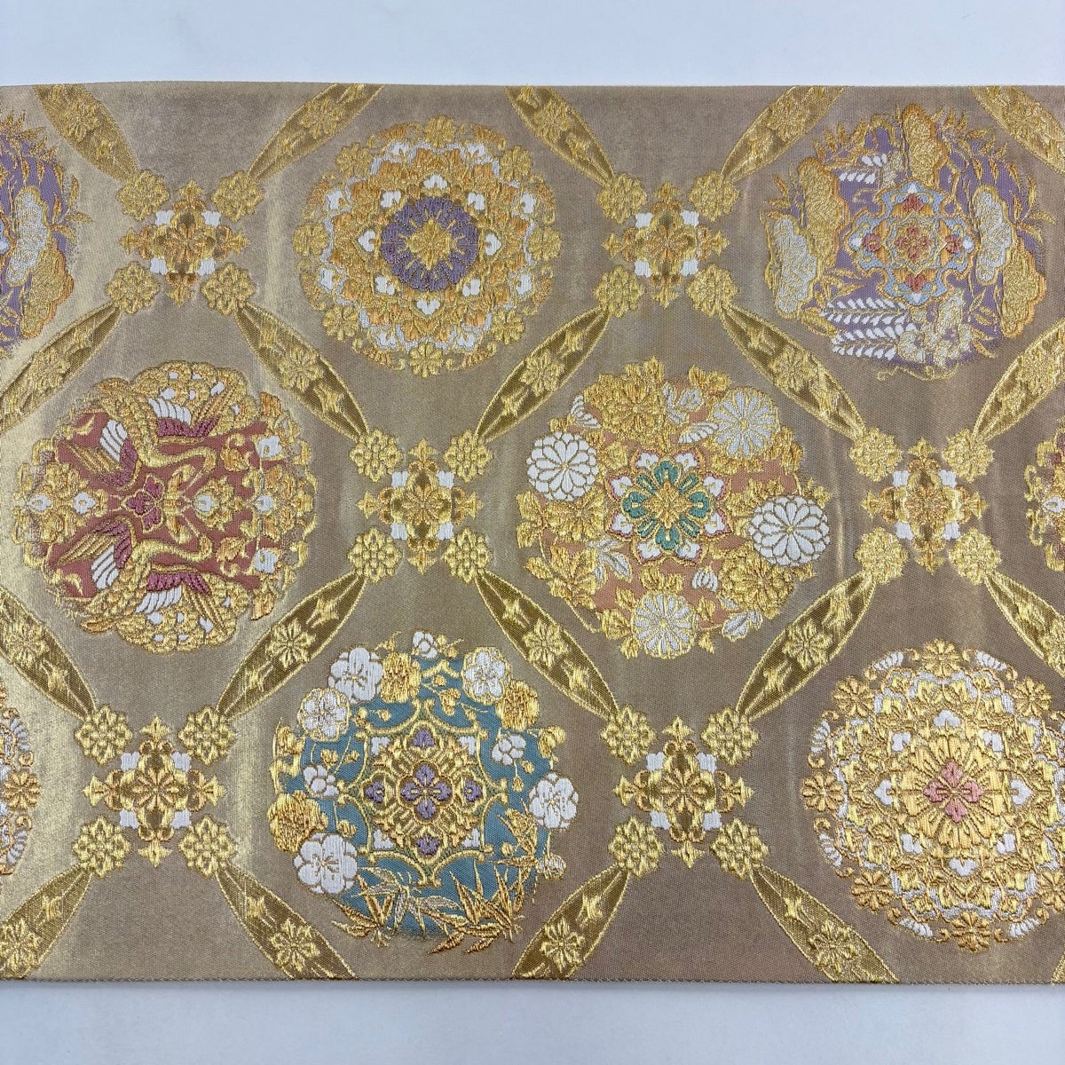 袋帯 名品 じゅらく 落款あり 華文 向かい鳥 金糸 箔 金色 六通 正絹