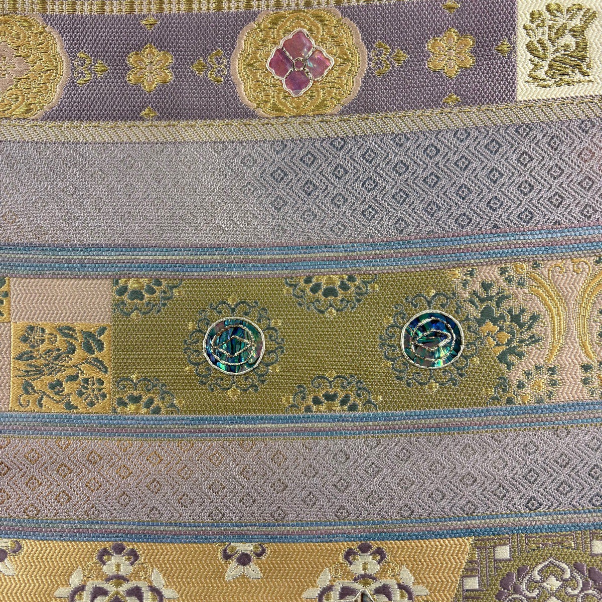 袋帯 名品 華文 草花 螺鈿 金糸 灰紫 お太鼓柄 正絹｜中古・古着