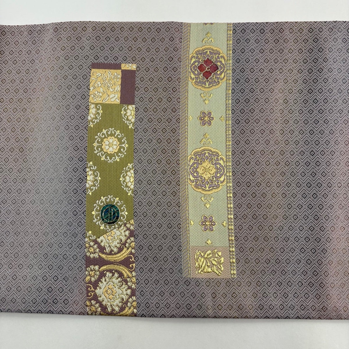 袋帯 名品 華文 草花 螺鈿 金糸 灰紫 お太鼓柄 正絹｜中古・古着