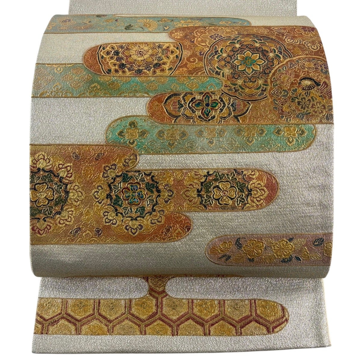 袋帯 名品 華文 霞 金彩 螺鈿 金色 お太鼓柄 正絹｜中古・古着