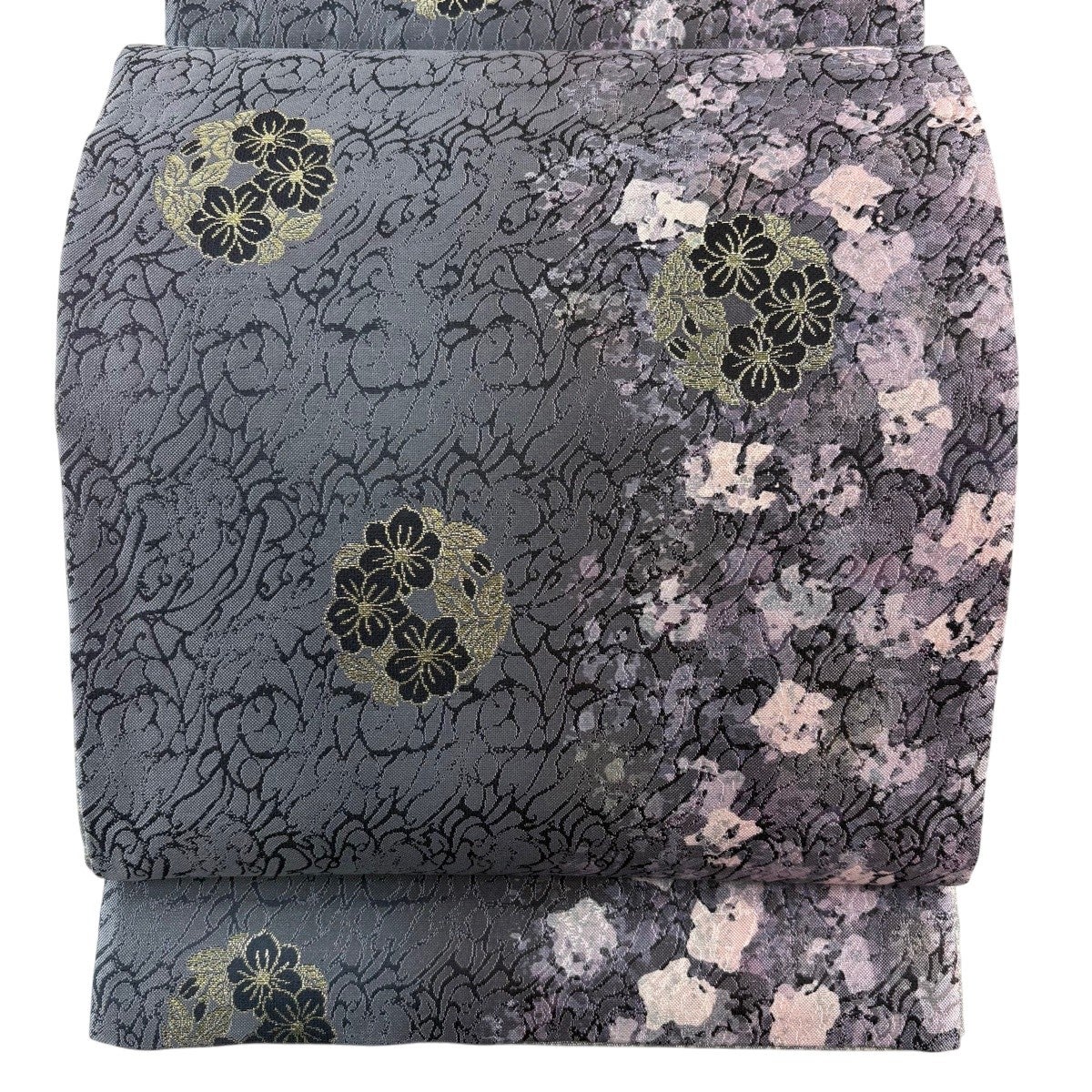 袋帯 名品 落款あり 花丸文 幾何学 箔 灰紫 全通 正絹｜中古・古着