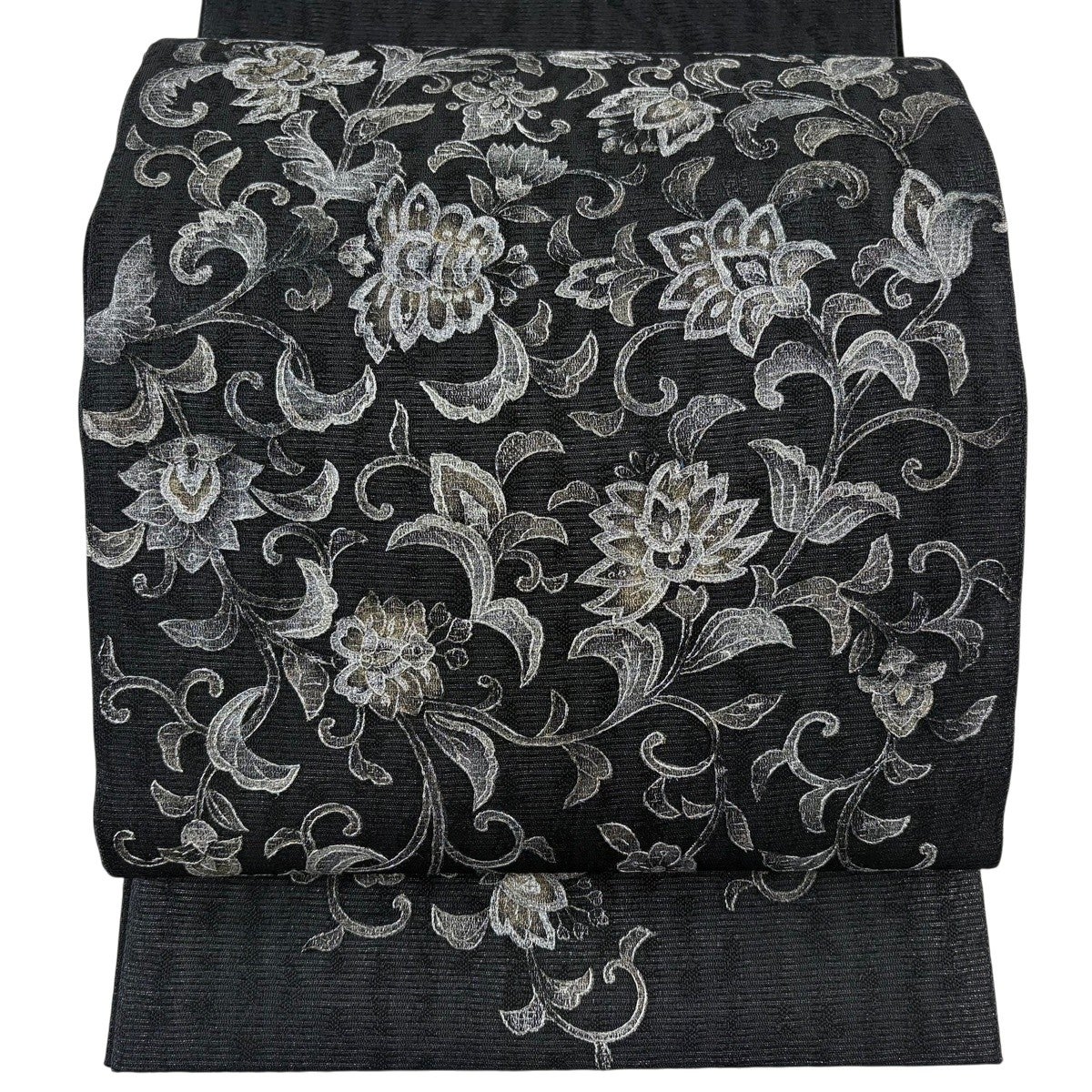 刺繍 銀通し 袋帯 軽い生地感 銀駒 金彩 銀彩 新品未使用品 お太鼓柄 袋帯 名品 夏帯 花唐草 銀彩 箔 墨色 お太鼓柄 正絹｜中古・古着