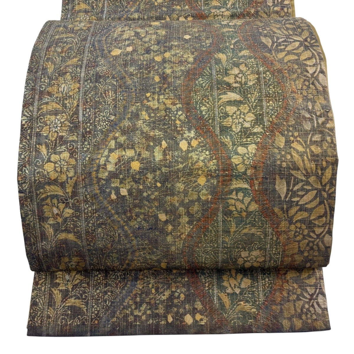 美品】 袋帯 逸品 落款あり 牛首紬 草花 立涌 金銀彩 金色 全通 正絹