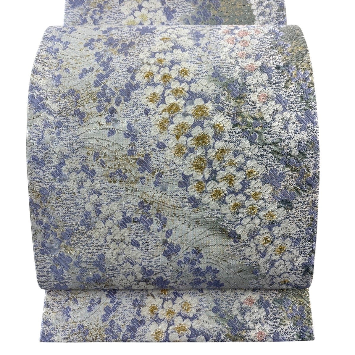 美品】 袋帯 名品 桜 波 銀糸 箔 灰色 六通 正絹｜中古・古着