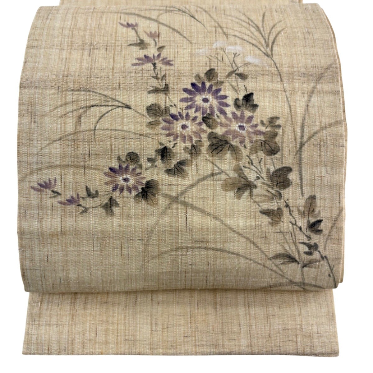 開き名古屋帯 名品 夏帯 草花 薄茶色 麻｜中古・古着・リサイクル着物
