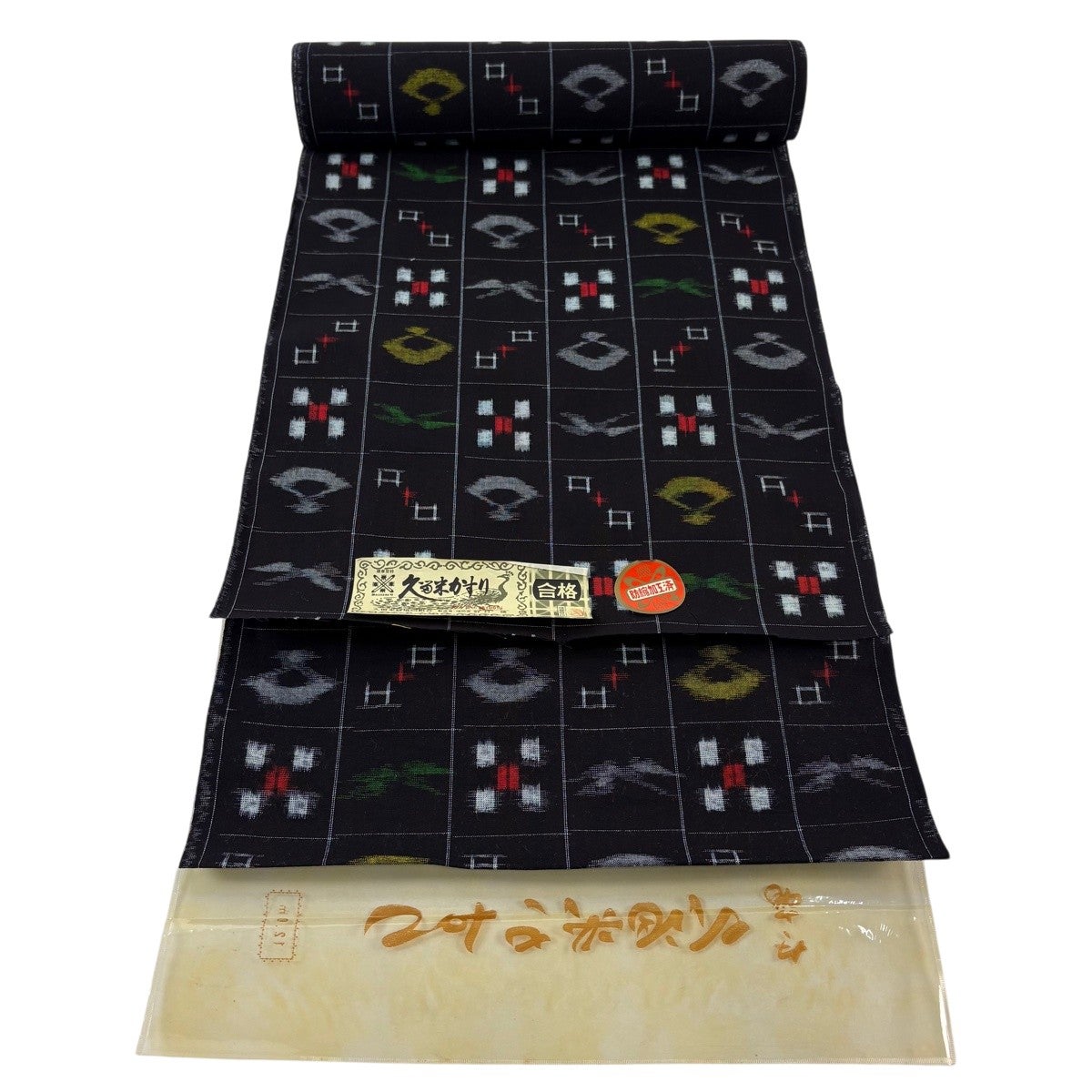 反物 名品 紬 証紙有 久留米かすり 扇 格子 焦茶色 綿｜中古・古着