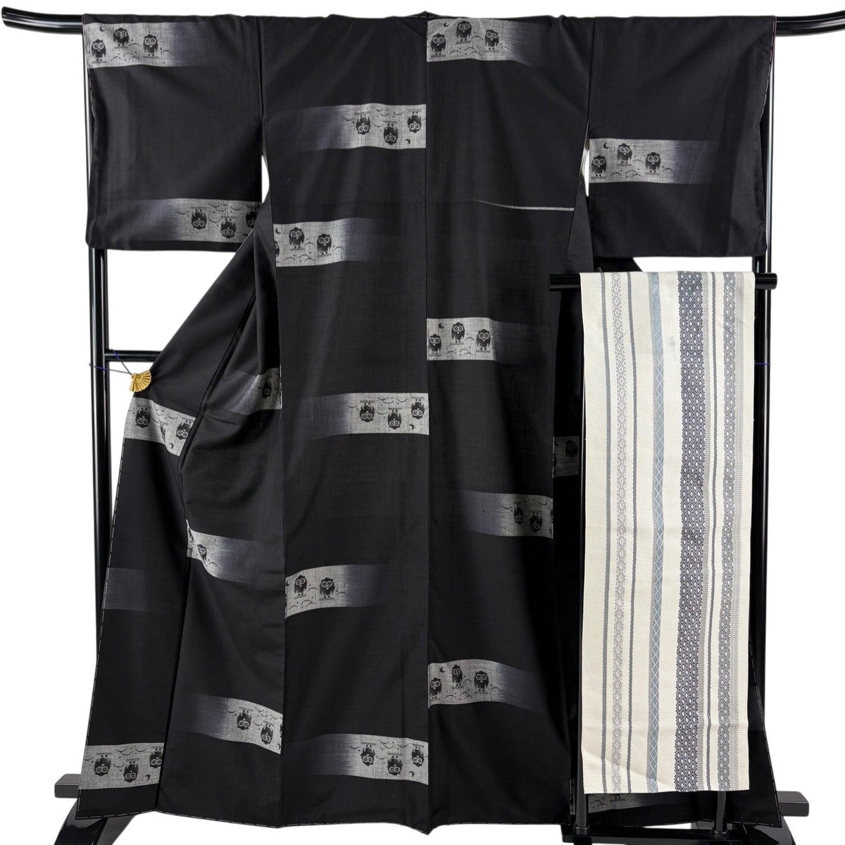 美品】 紬 身丈164cm 裄丈67.5cm L 袷 袋帯セット 縞 幾何学模様 灰茶
