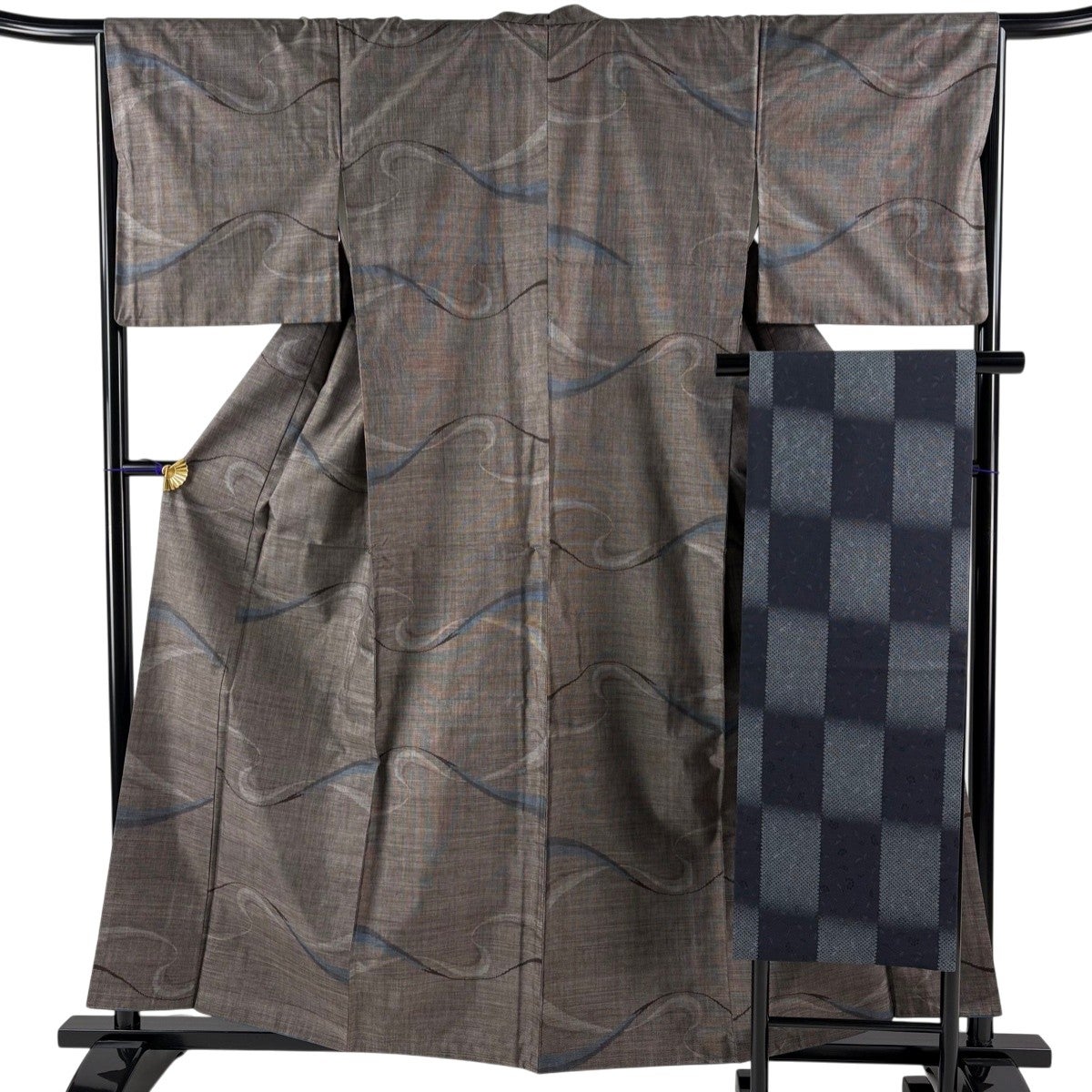 美品】 紬 身丈159.5cm 裄丈65cm M 単衣 縞 灰色 正絹 名品｜中古