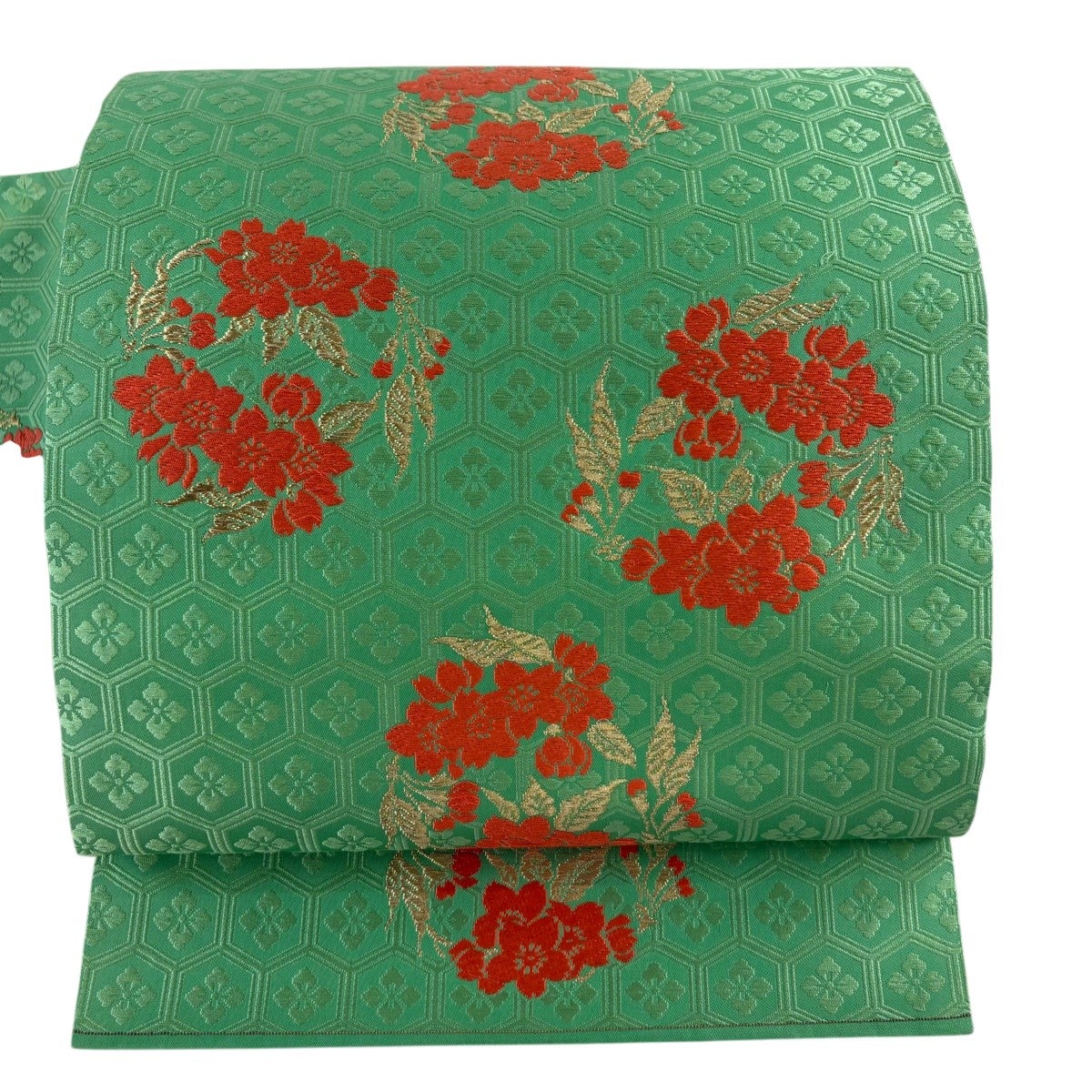 名古屋帯 名品 椿 流水 箔 金彩 薄緑 正絹｜中古・古着・リサイクル