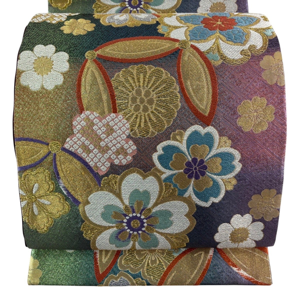 美品】 袋帯 名品 七宝華文 金糸 箔 クリーム 六通 正絹|中古 美品】 袋帯 名品 七宝華文 金糸 箔 クリーム 六通 正絹|中古