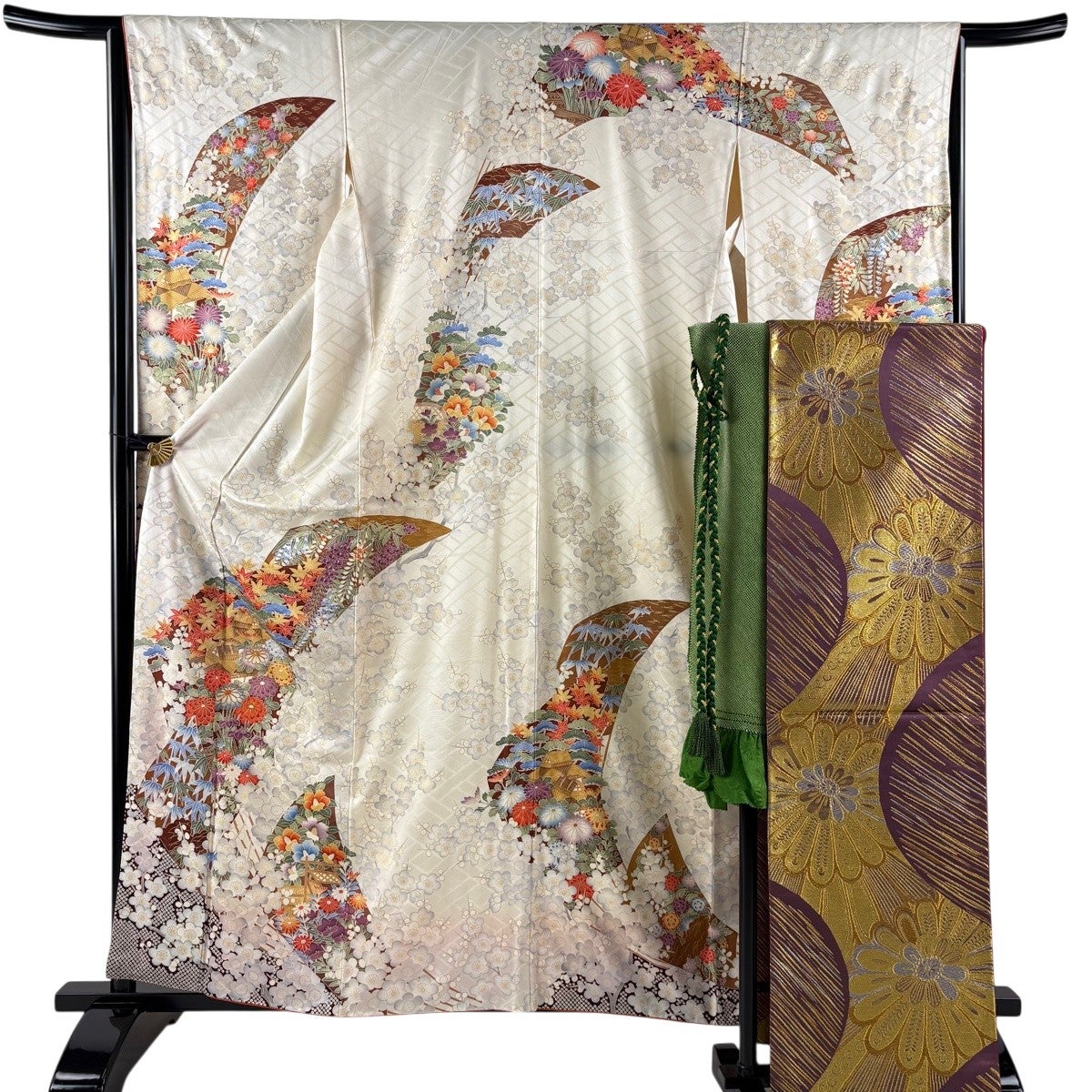 振袖 身丈160.5cm 裄丈65cm M 袷 袋帯フルセット 建物 草花 金糸 金彩