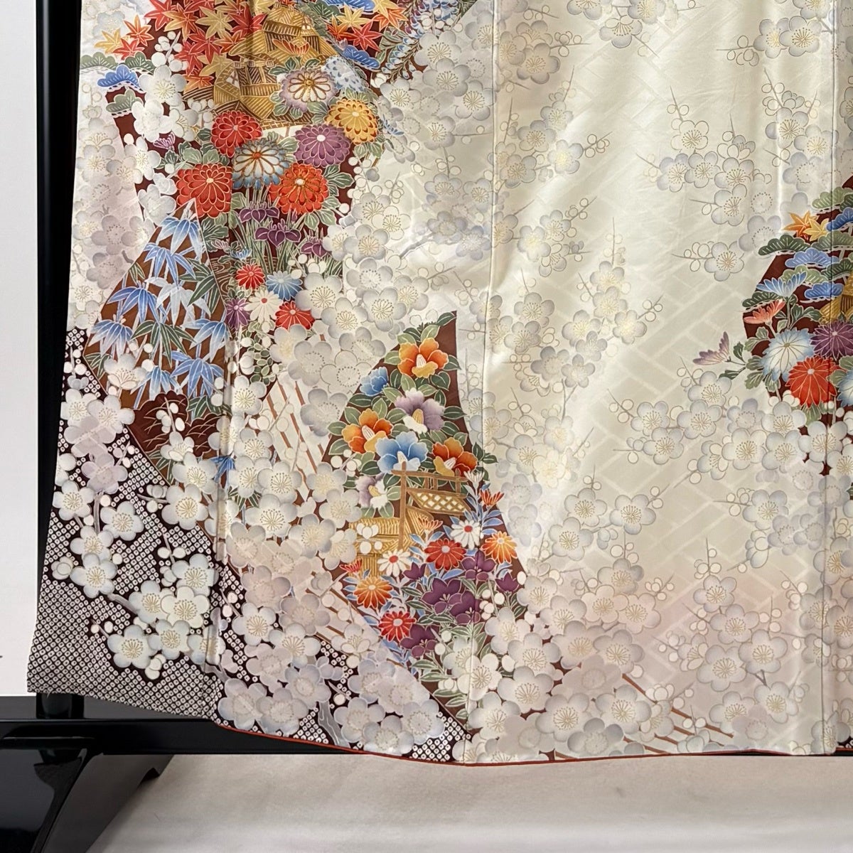 振袖 身丈160.5cm 裄丈65cm M 袷 袋帯フルセット 建物 草花 金糸 金彩