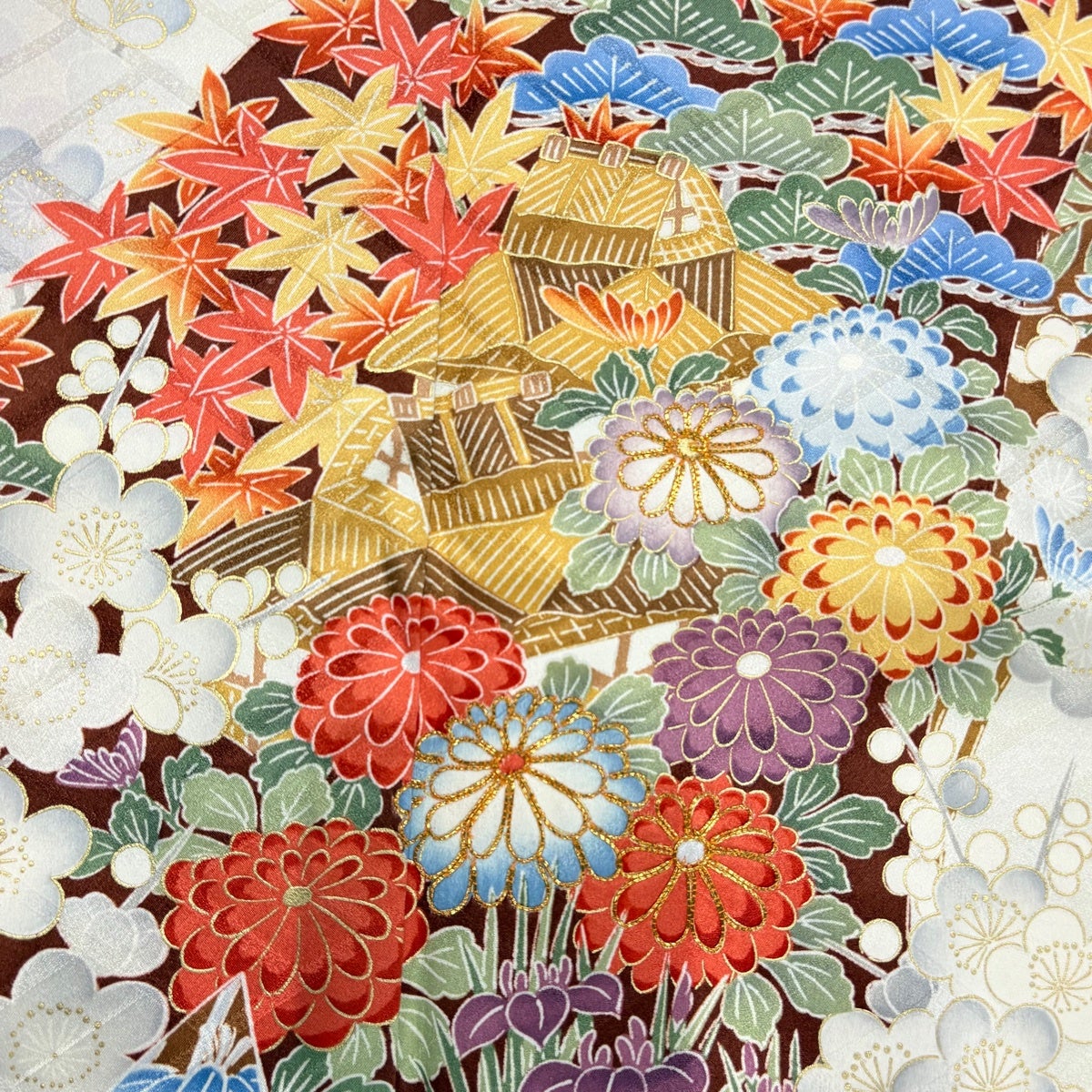 振袖 身丈160.5cm 裄丈65cm M 袷 袋帯フルセット 建物 草花 金糸 金彩