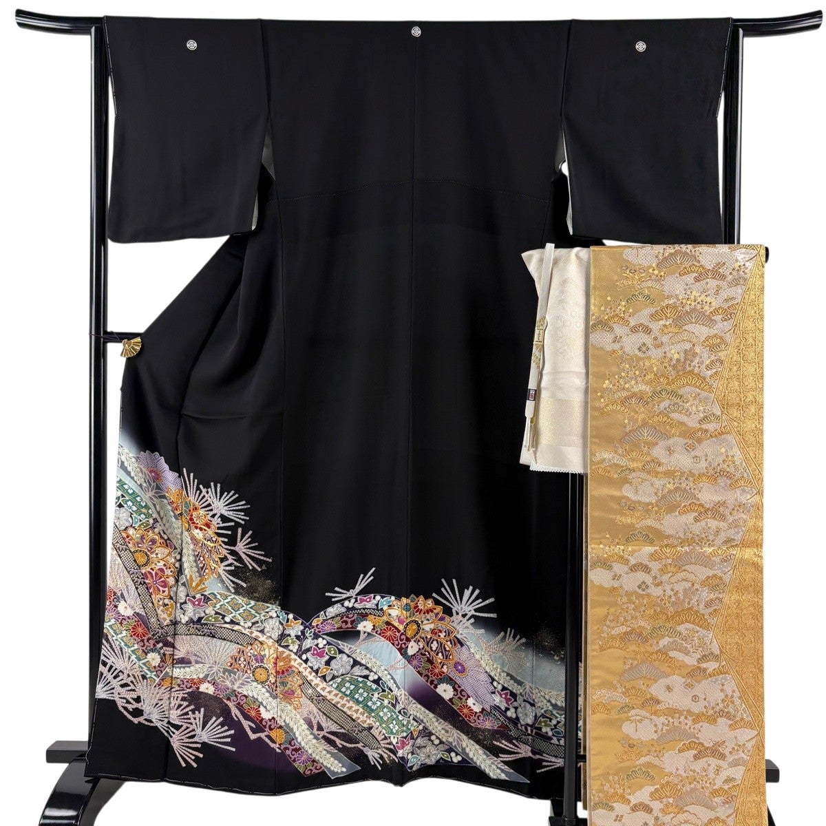 黒留袖 身丈164cm 裄丈64cm M 袷 袋帯フルセット 草花 松皮菱 金糸