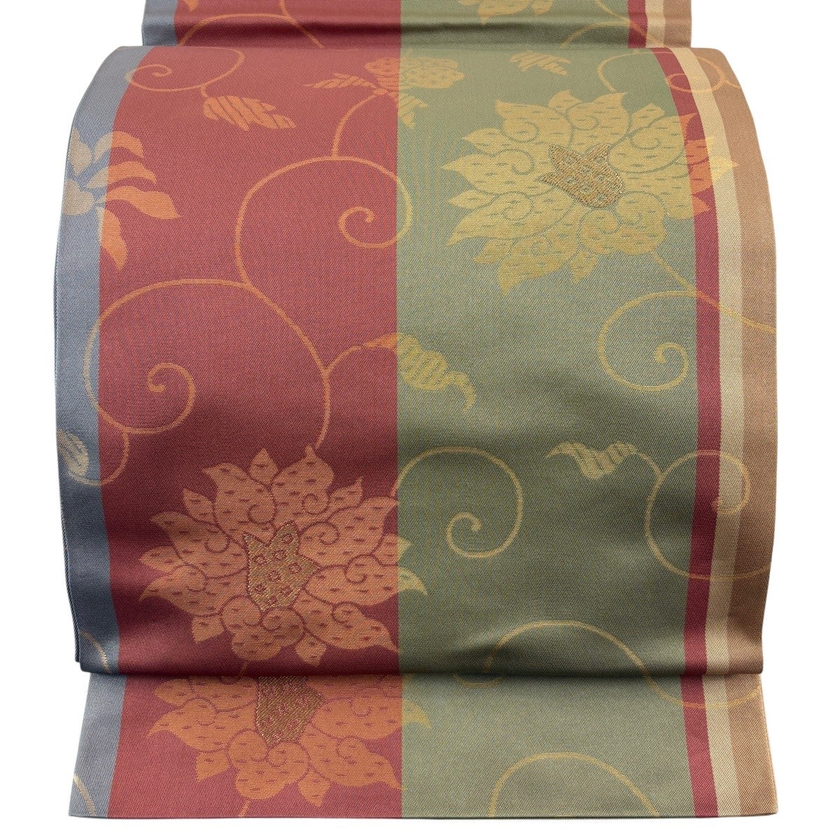 美品】 袋帯 秀品 花唐草 段縞 金糸金糸 茶緑色 全通 正絹｜中古・古着