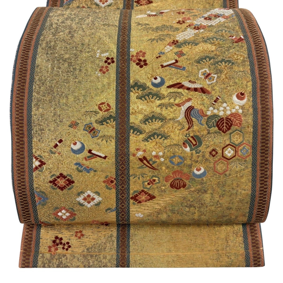 美品】 袋帯 秀品 関西仕立て 松竹梅 市松 箔 唐織 焦茶色 六通 正絹
