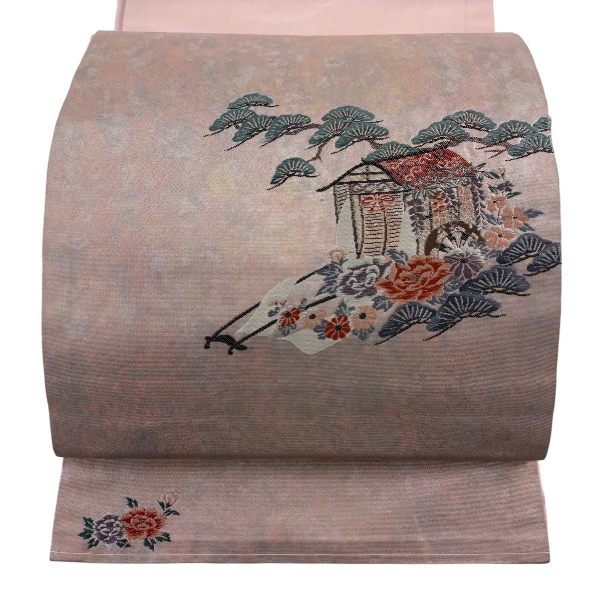 開き名古屋帯 名品 龍村美術織物 比翼仕立て 幾何学模様 金糸 ピンク