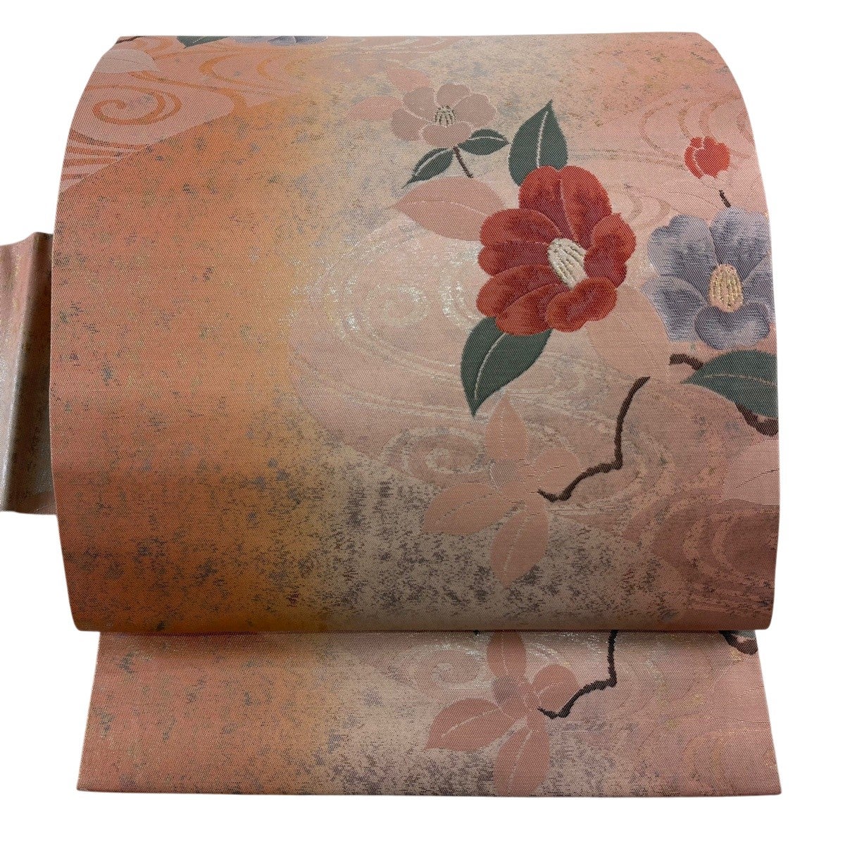 名古屋帯 優品 枝花 刺繍 金彩 サーモンピンク 正絹｜中古・古着