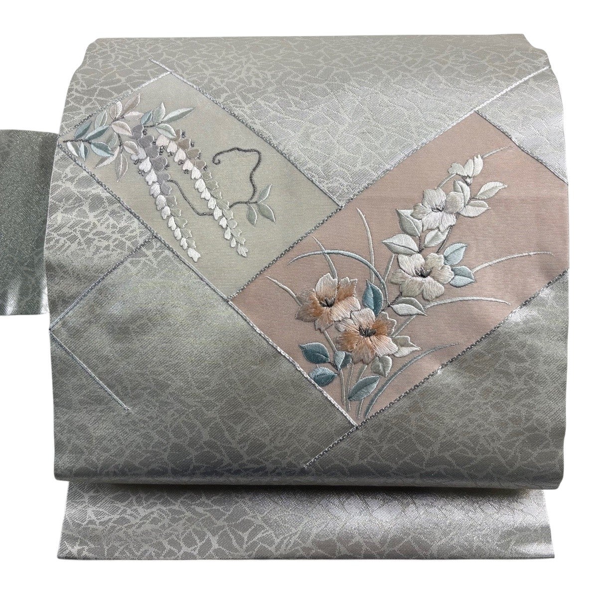 名古屋帯 優品 草花 藤 刺繍 箔 銀色 正絹｜中古・古着・リサイクル
