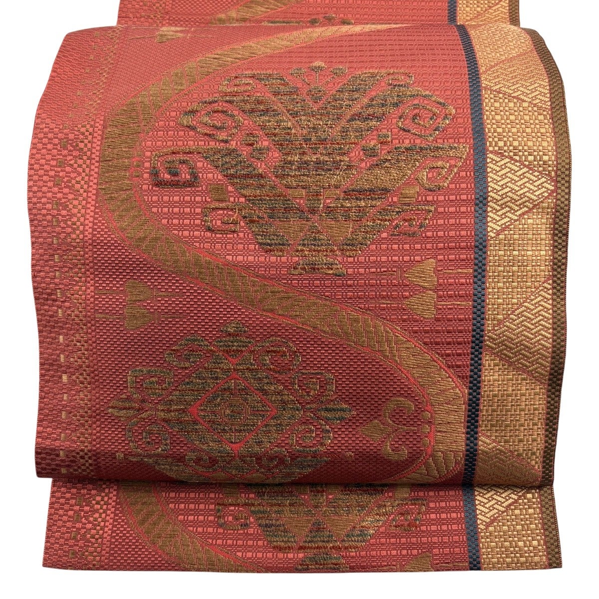 美品】 名古屋帯 優品 八寸名古屋帯 松葉仕立て 草花 幾何学 ピンク