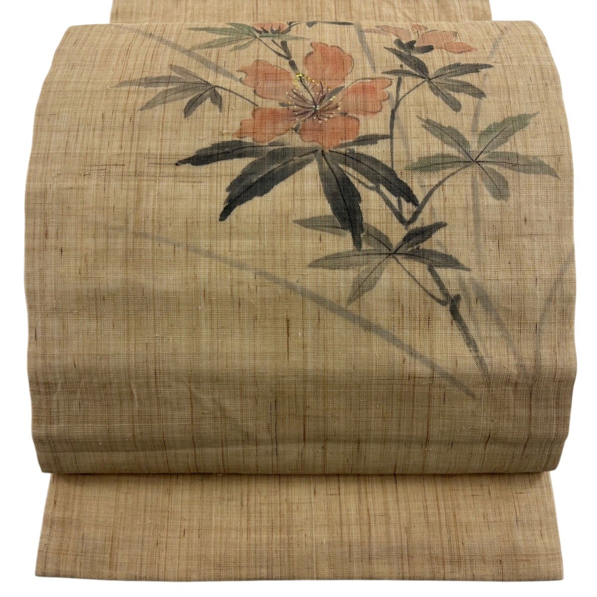 開き名古屋帯 秀品 落款あり 紬地 草花 薄茶色 正絹｜中古・古着