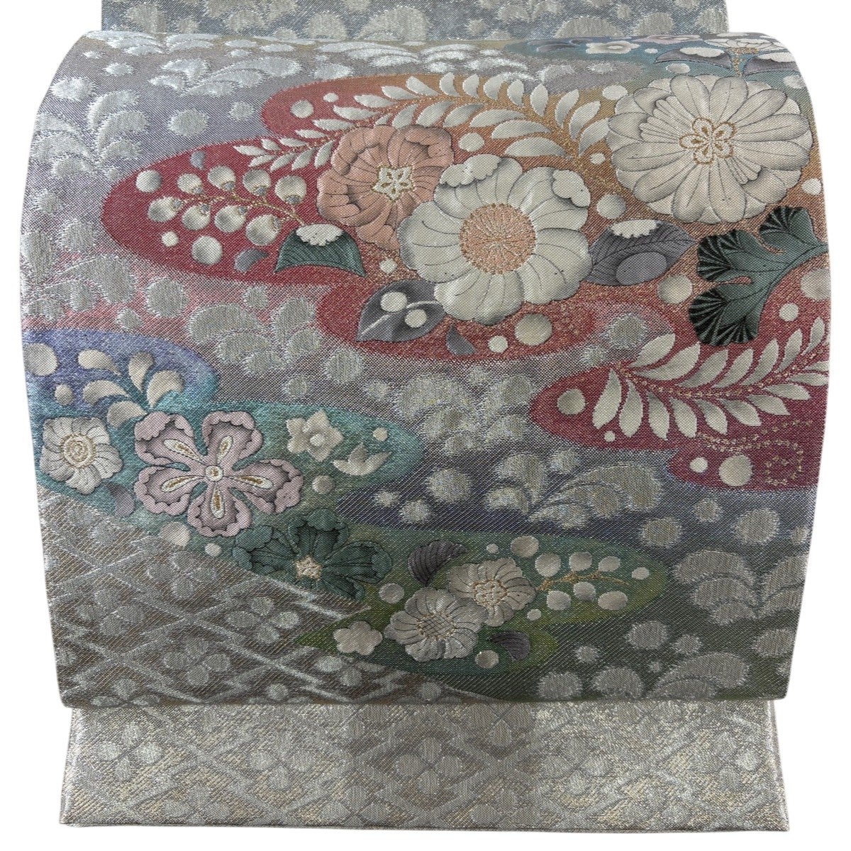 袋帯 秀品 草花 霞 金銀糸 箔 薄緑 お太鼓柄 正絹｜中古・古着