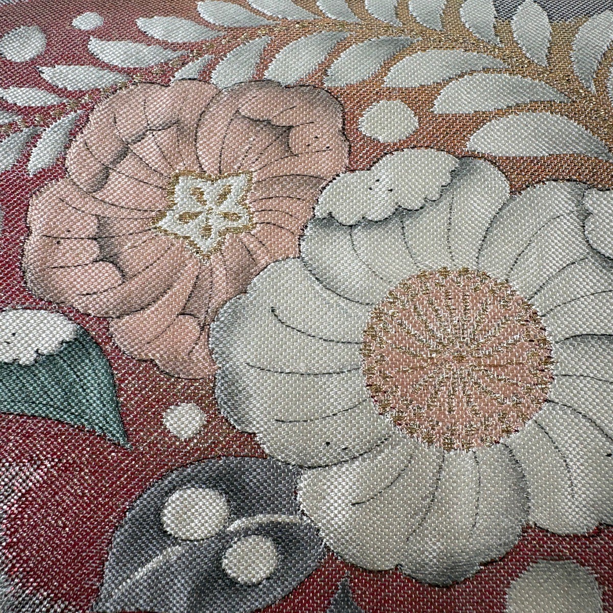 袋帯 秀品 草花 霞 金銀糸 箔 薄緑 お太鼓柄 正絹｜中古・古着
