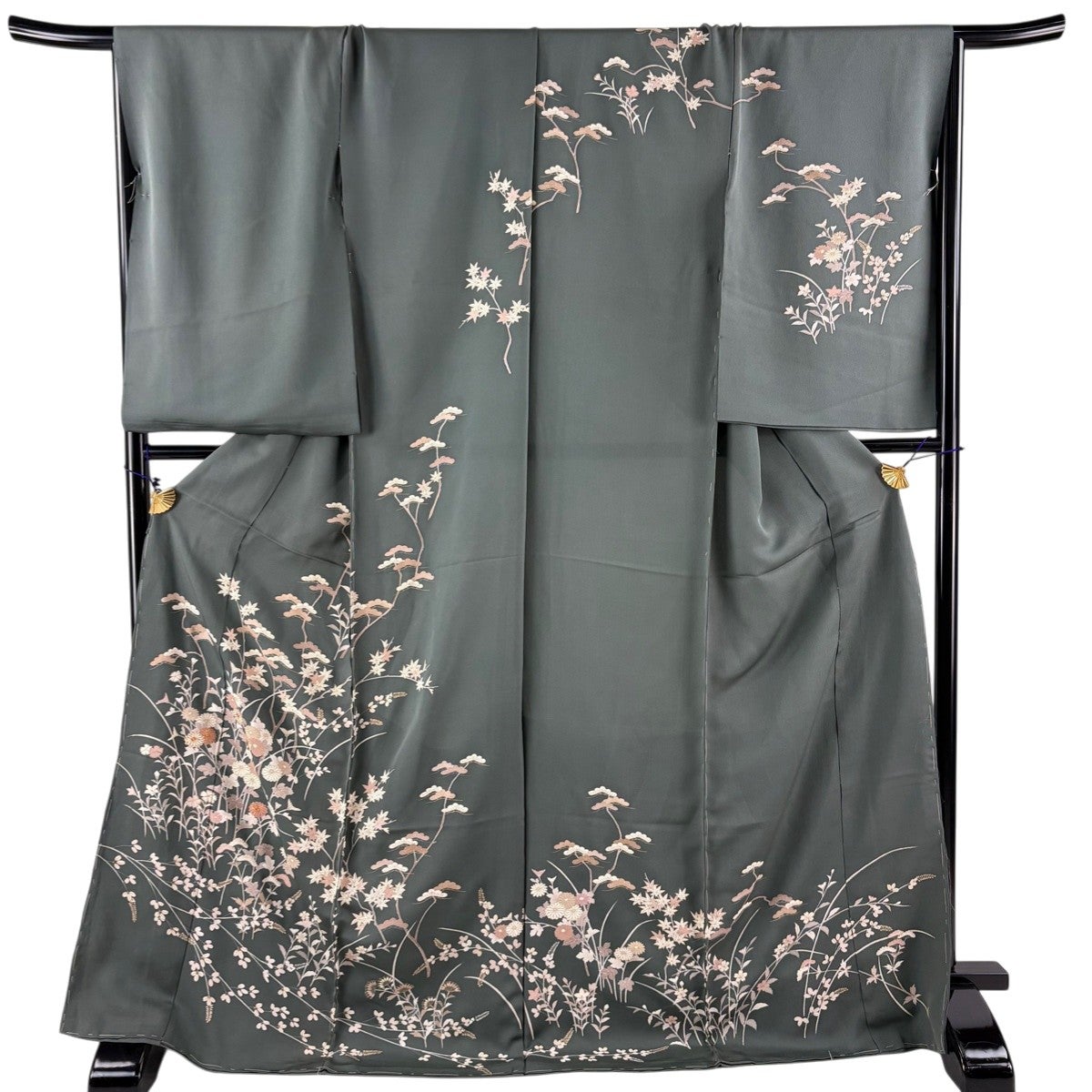 訪問着 身丈178cm 裄丈71cm 未仕立て 仮絵羽 草花 霞 金糸 金彩 青灰色