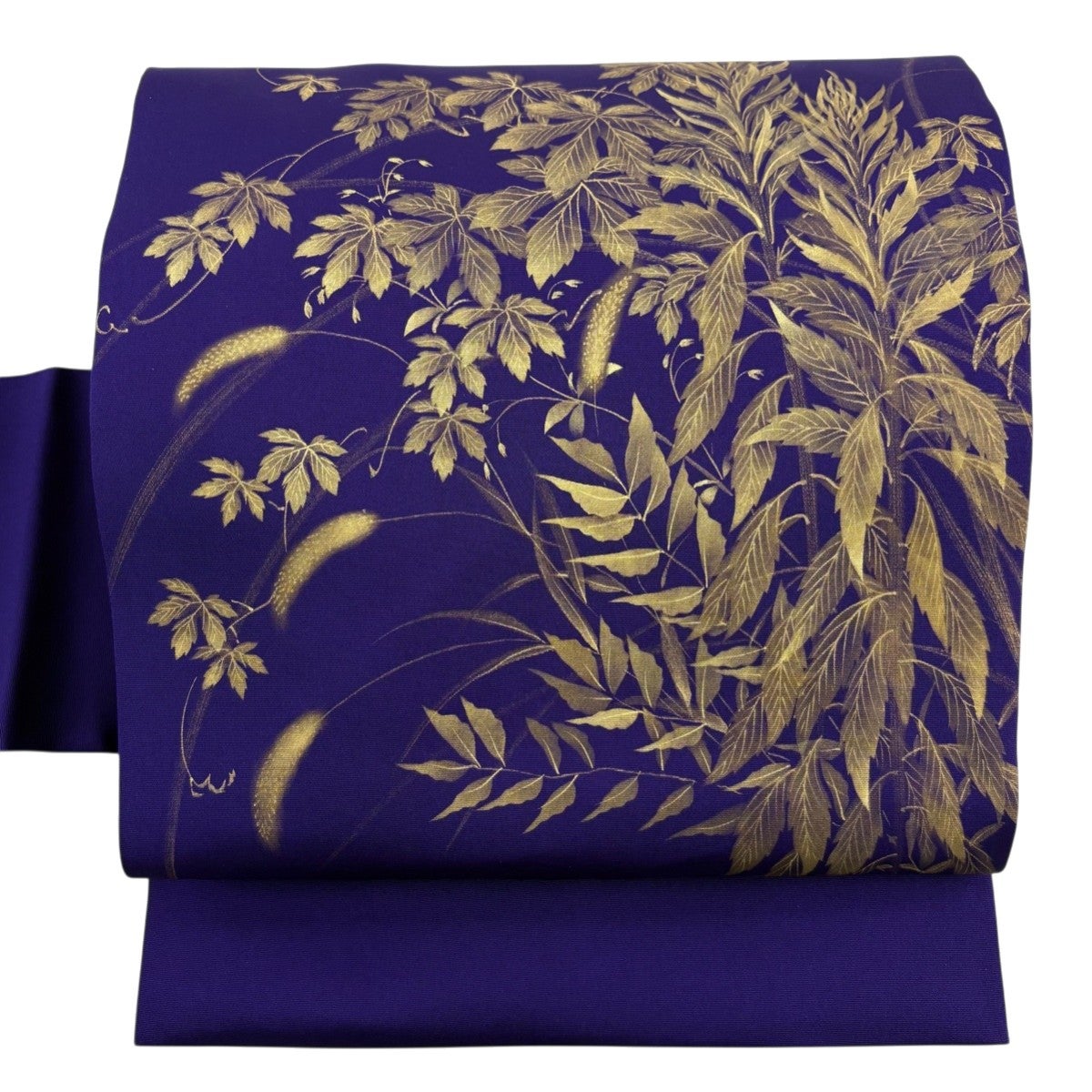 美品】 名古屋帯 秀品 落款あり 狗尾草 葉柄 金彩 紫 正絹｜中古・古着