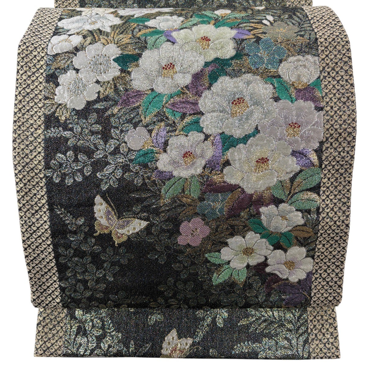 袋帯 秀品 落款あり 椿 蝶 箔 深緑 全通 正絹｜中古・古着・リサイクル