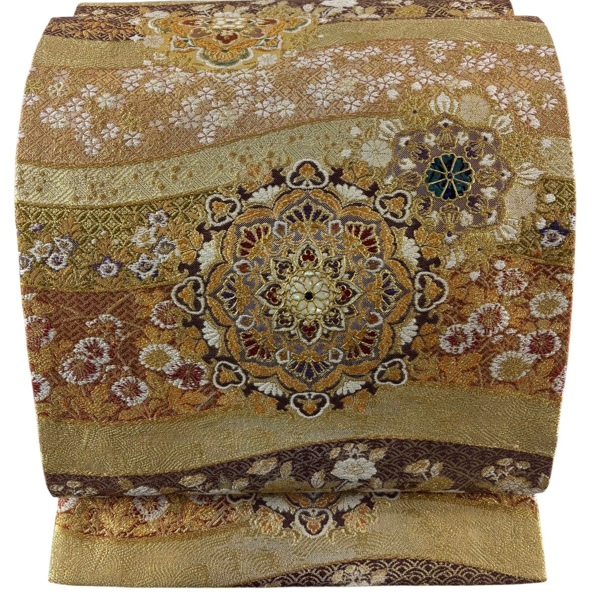 美品】 袋帯 秀品 やまと 華文 草花 螺鈿 金糸 金色 六通 正絹｜中古