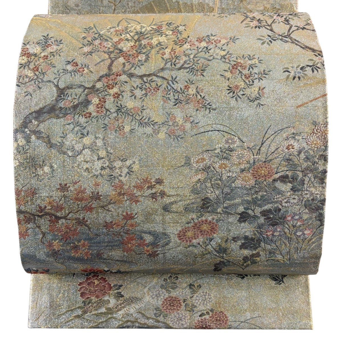 美品】 丸帯 名品 プラチナ本金箔 壱阡八百口織 桃山扇面屏風文 金糸