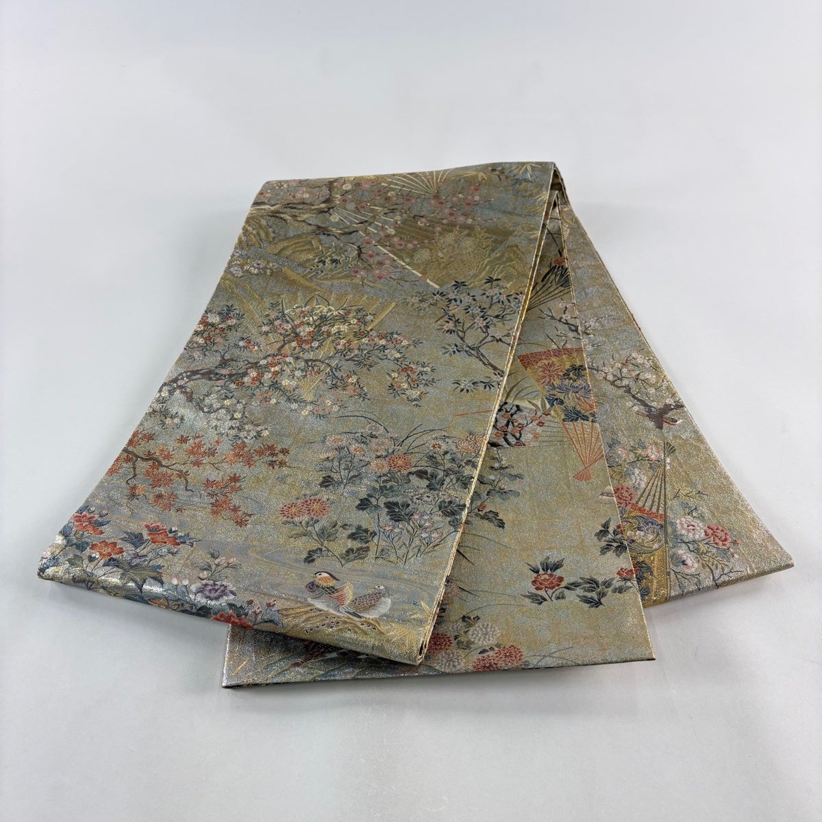 美品】 丸帯 名品 プラチナ本金箔 壱阡八百口織 桃山扇面屏風文 金糸