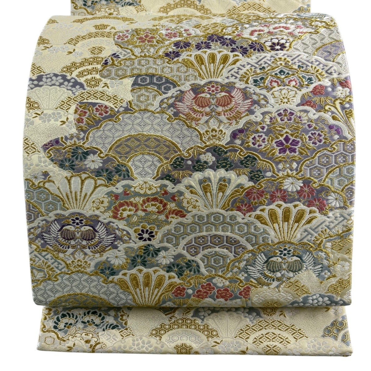 美品】 袋帯 名品 王宝絵図 向かい鳥 金銀糸 皇帝貝紫 ベージュ 六通 美品】 袋帯 名品 王宝絵図 向かい鳥 金銀糸 皇帝貝紫 ベージュ 六通