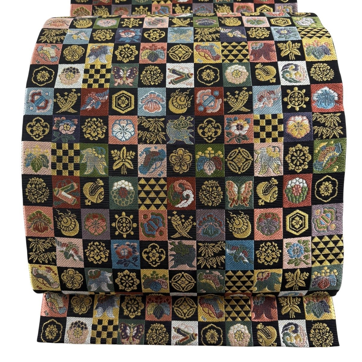 美品】 袋帯 名品 市松 宝尽くし 金糸 黒 六通 正絹｜中古・古着