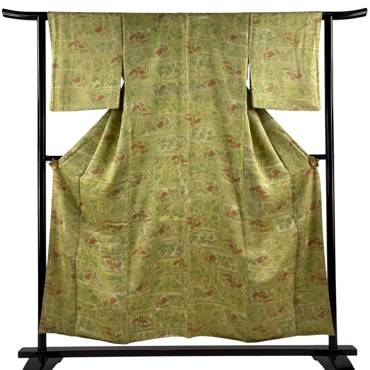 美品】 小紋 身丈155cm 裄丈62cm S 袷 草花 幾何学模様 抹茶色 正絹