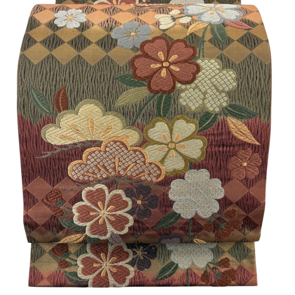 最終価格】 70%OFF 【美品】 袋帯 名品 桜 笠松 唐織 箔 えんじ色 六通