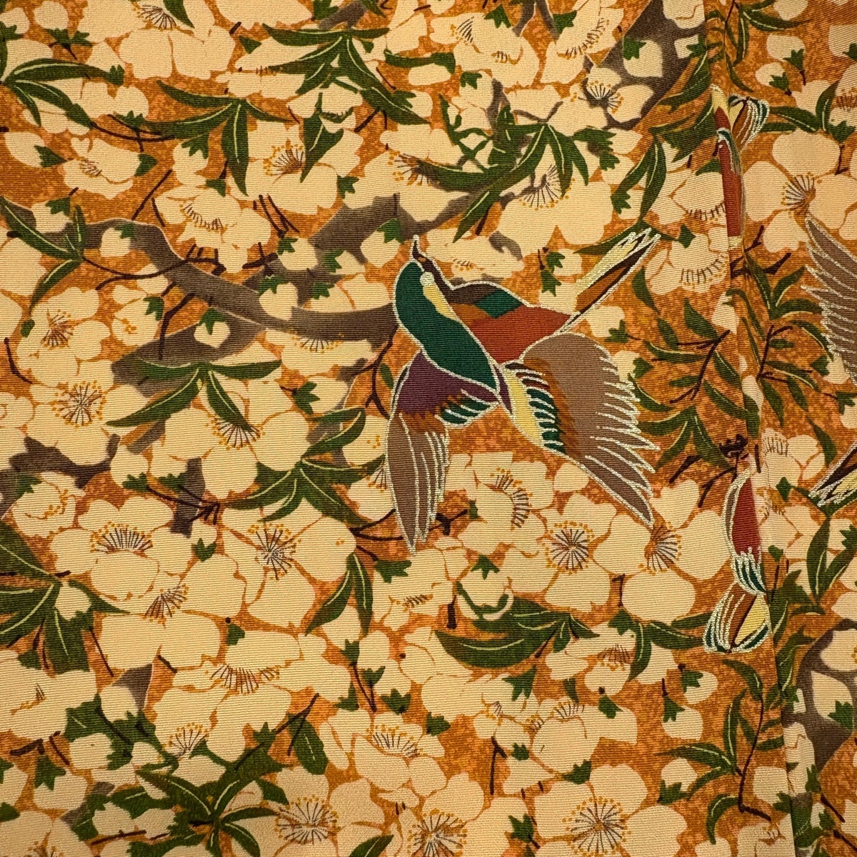 美品】 小紋 身丈152.5cm 裄丈62.5cm S 袷 桜 鳥 金彩 山吹色 正絹