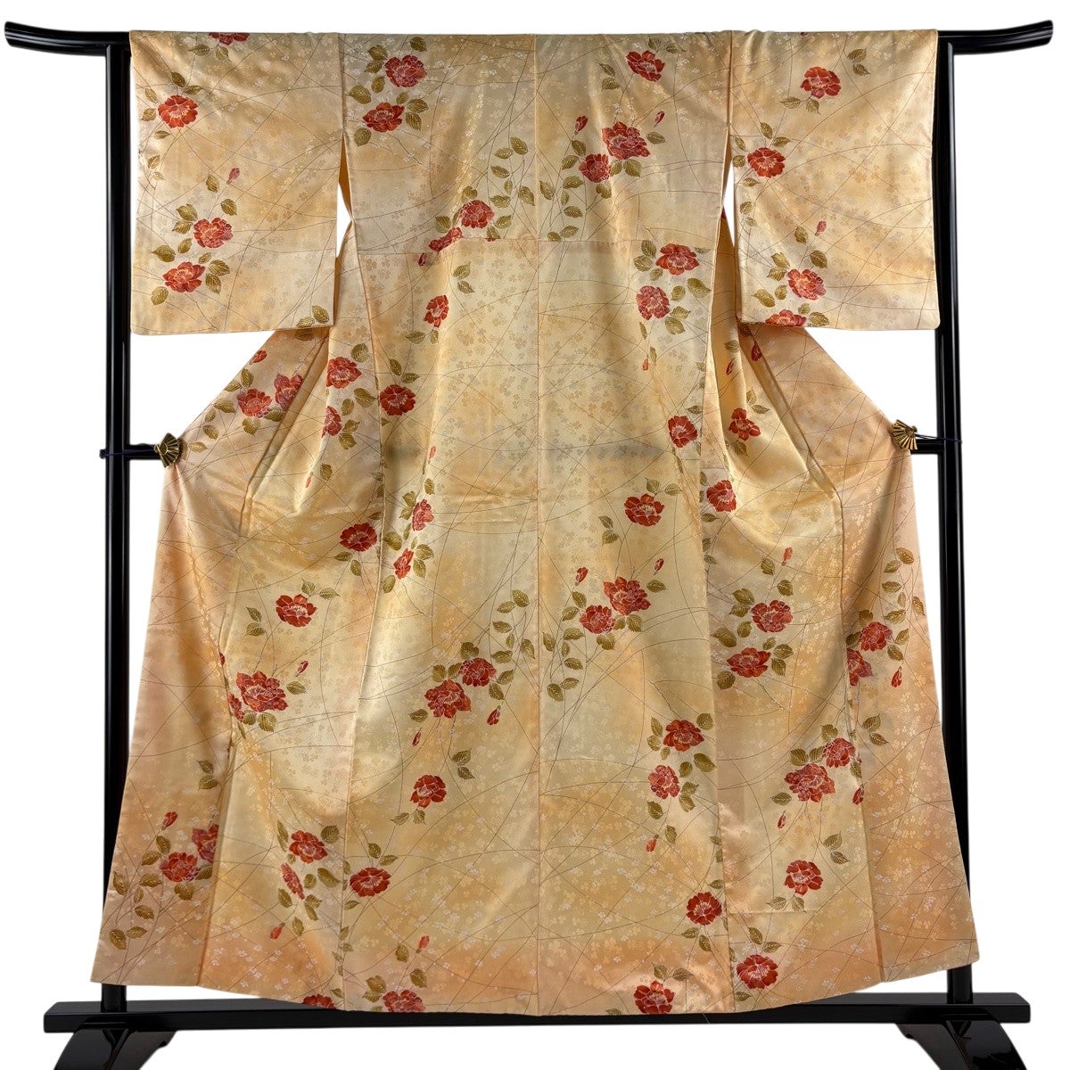 ［8082］訪問着 美品 枝重ね花御天井文様 金彩 正絹 着物 袷 美品】 小紋 身丈158cm 裄丈64cm M 袷 枝花 地紋 ぼかし 薄オレンジ