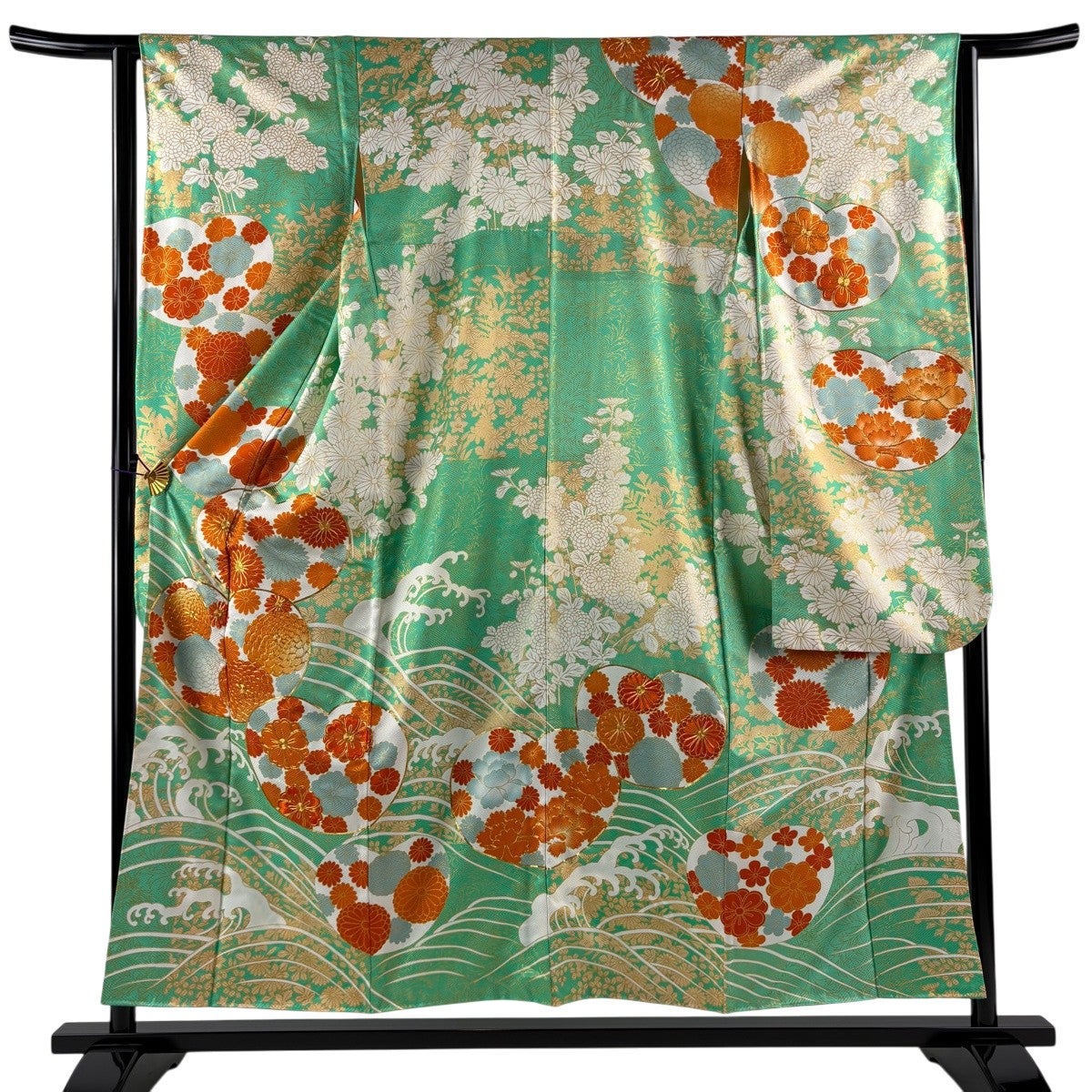 振袖 身丈154.5cm 裄丈63cm S 袷 菊 波頭 金糸 金彩 黄緑色 正絹 優品
