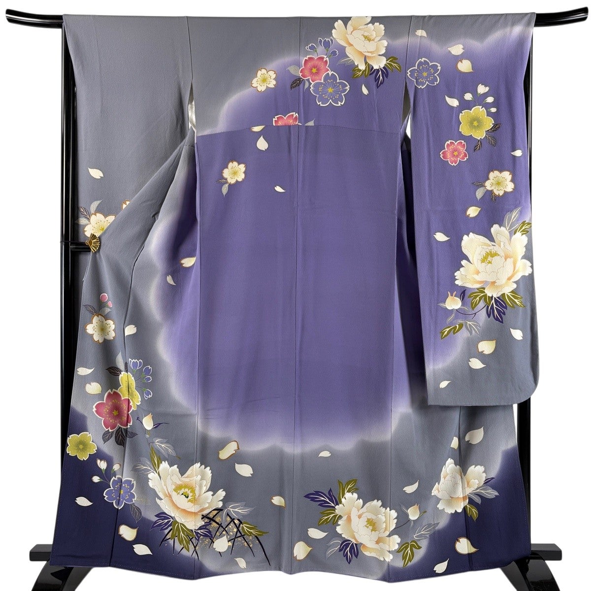 振袖 身丈161cm 裄丈65.5cm M 袷 桜 牡丹 金彩 染め分け 灰色 正絹 秀