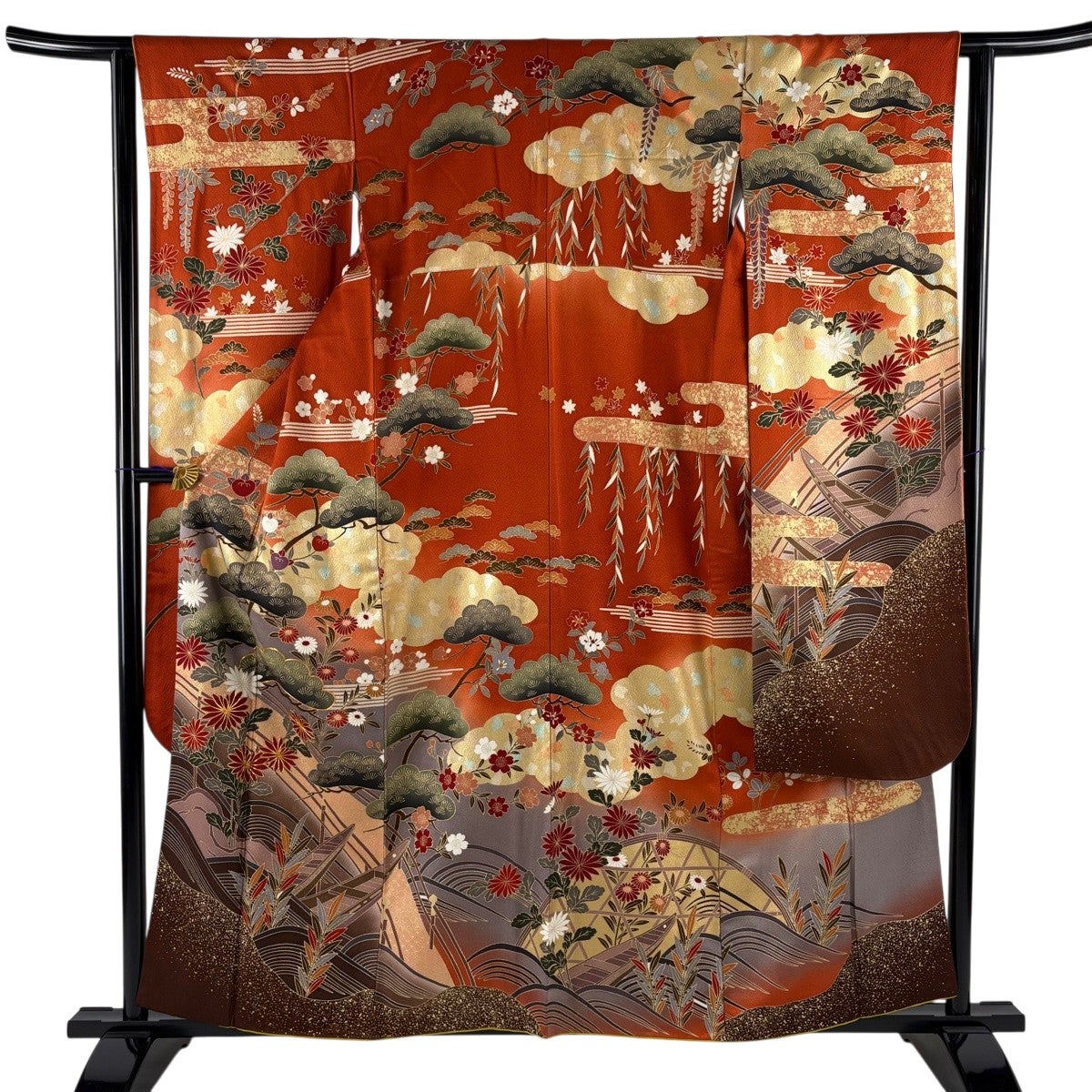 振袖 身丈156cm 裄丈62.5cm S 袷 松 菊 金糸 金銀彩 茜色 正絹 秀品