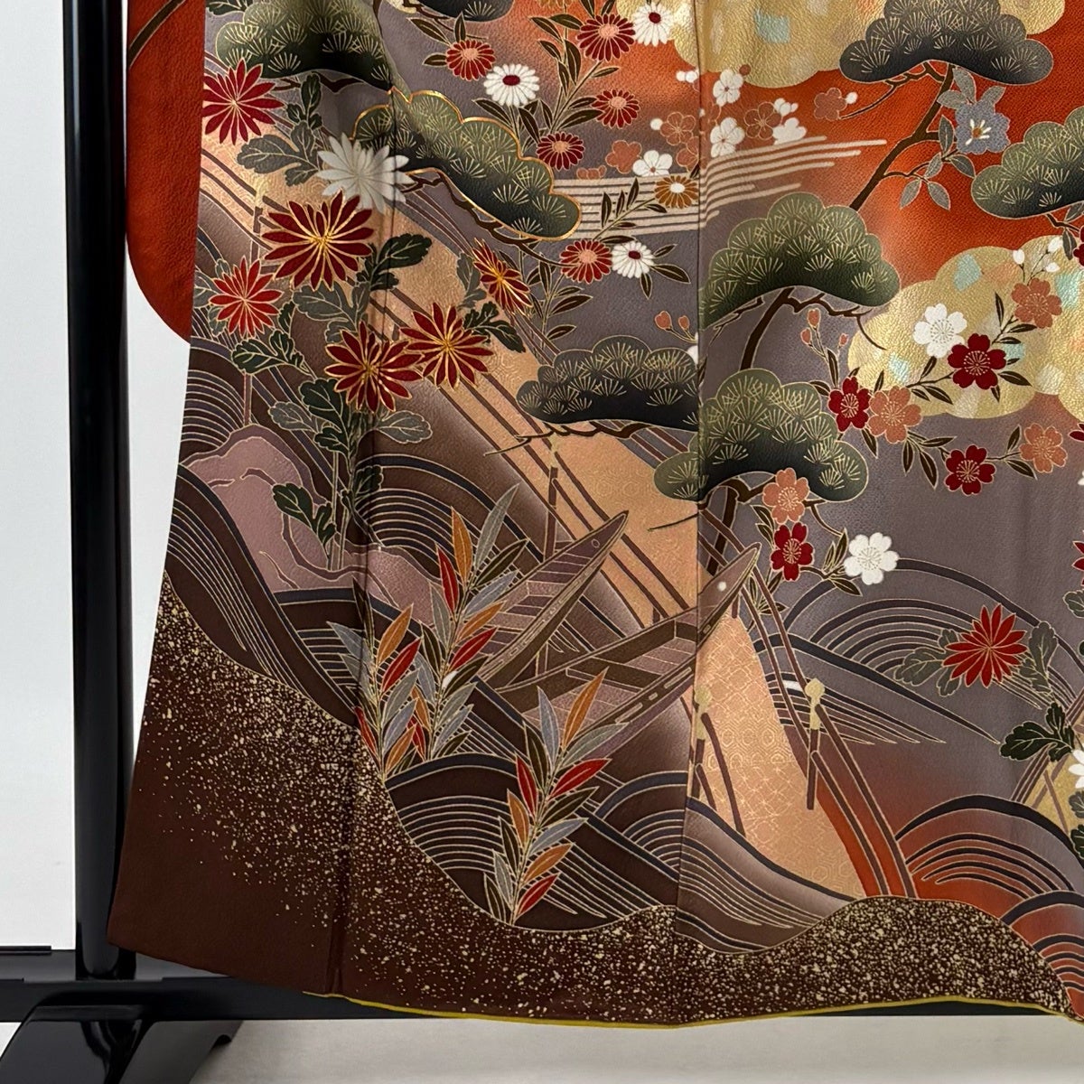 振袖 身丈156cm 裄丈62.5cm S 袷 松 菊 金糸 金銀彩 茜色 正絹 秀品