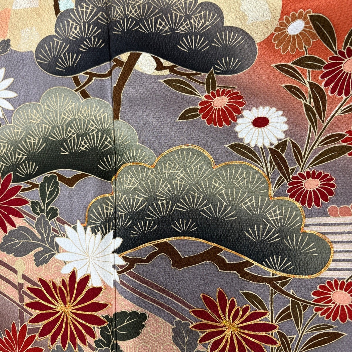 振袖 身丈156cm 裄丈62.5cm S 袷 松 菊 金糸 金銀彩 茜色 正絹 秀品