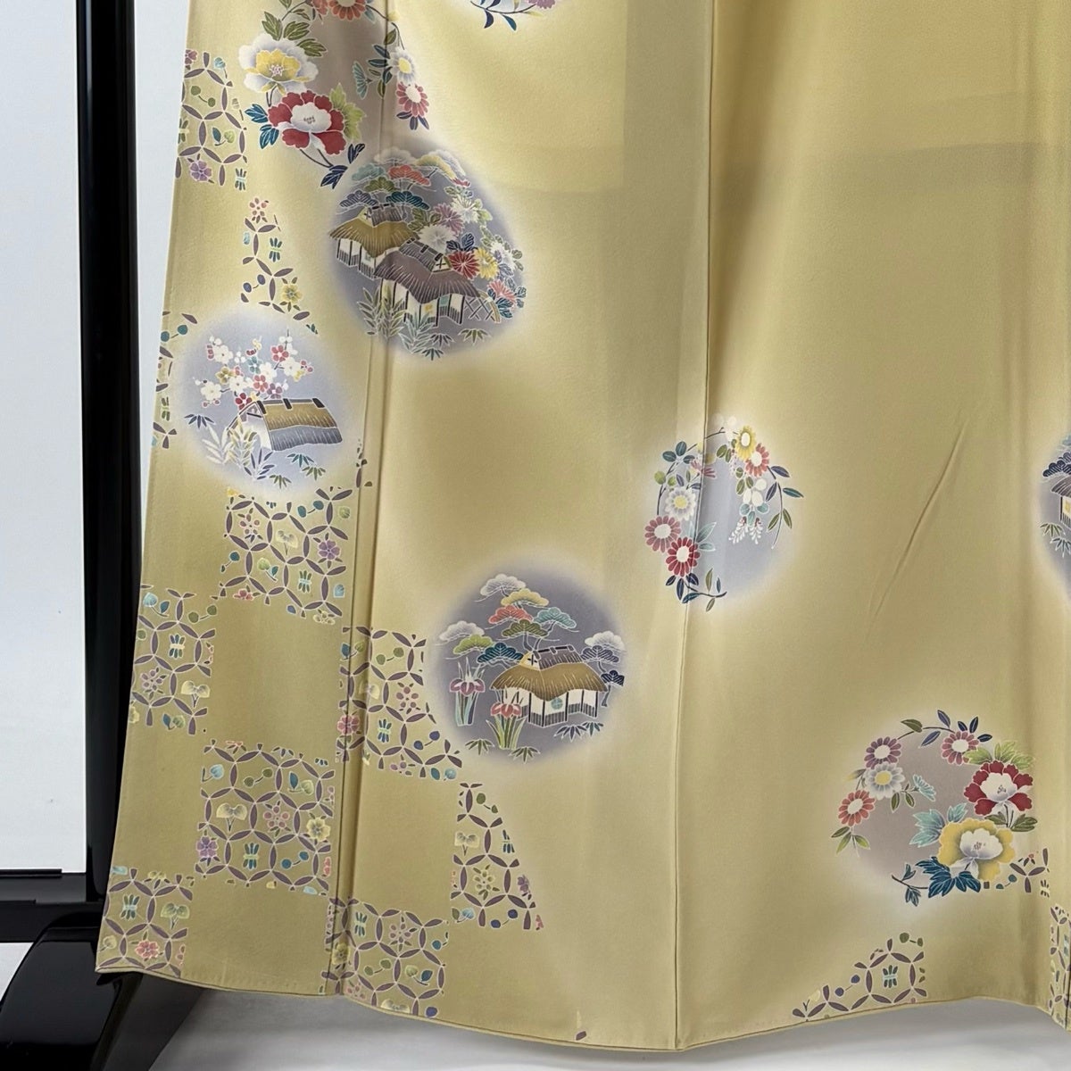 訪問着 身丈164cm 裄丈67.5cm L 袷 松竹梅 家屋 金糸 ぼかし 薄黄 正絹