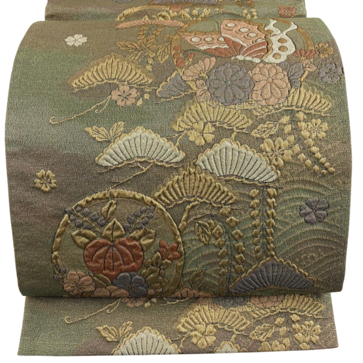 袋帯 秀品 色紙 草花 刺繍 茶色 お太鼓柄 正絹｜中古・古着
