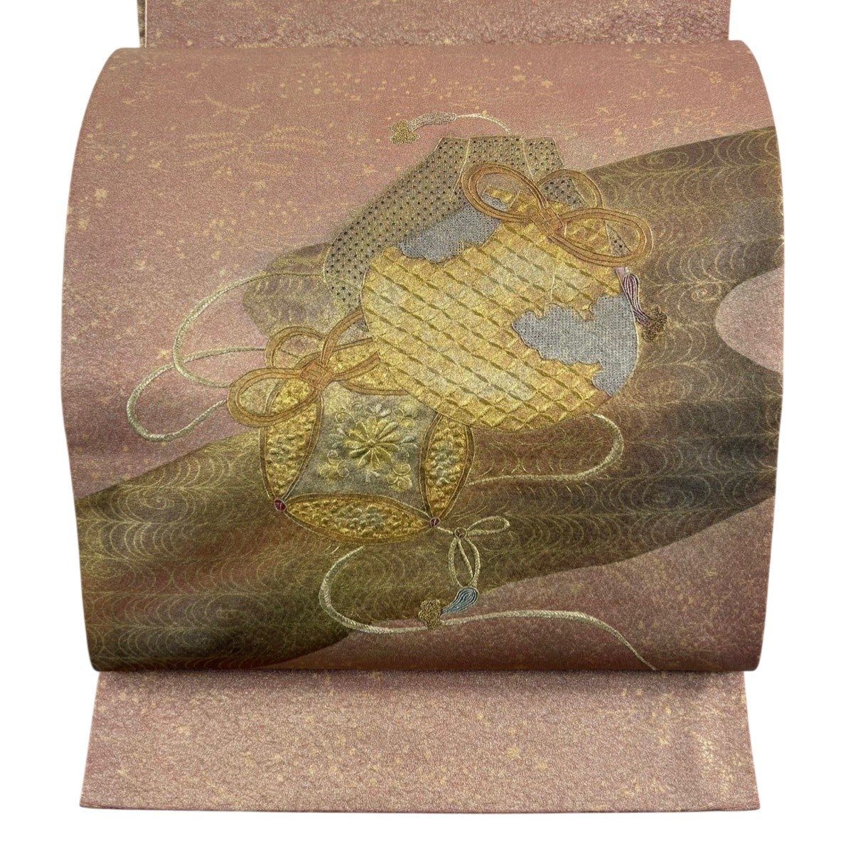 袋帯 名品 草花 螺鈿 金彩 薄ピンク お太鼓柄 正絹｜中古・古着