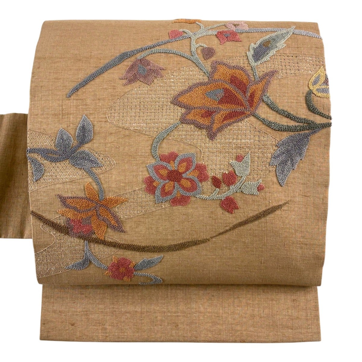 名古屋帯 秀品 関西仕立て 草花 相良刺繍 茶色 正絹｜中古・古着